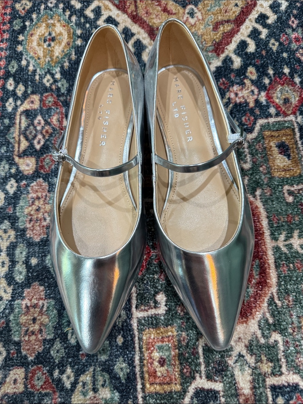 Marc Fisher Metallic Silver Pointed Mary Jane Flats